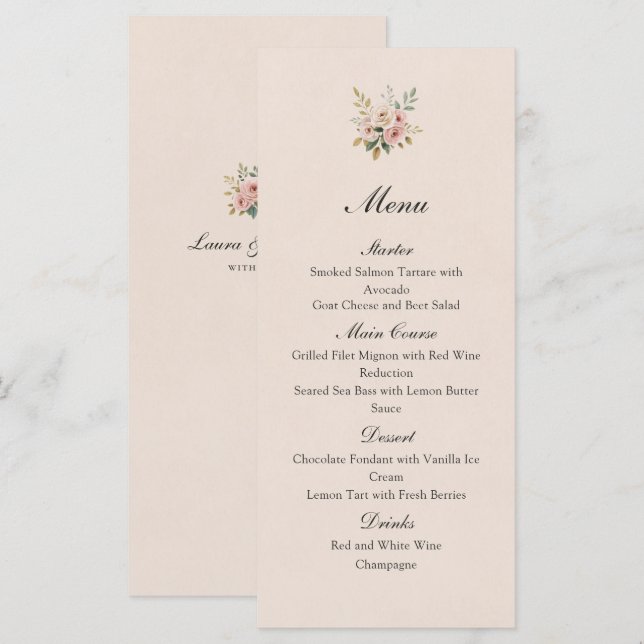 Elegant Blush Pink Gold Roses Wedding Flat Menu Menükarte (Vorne/Hinten)
