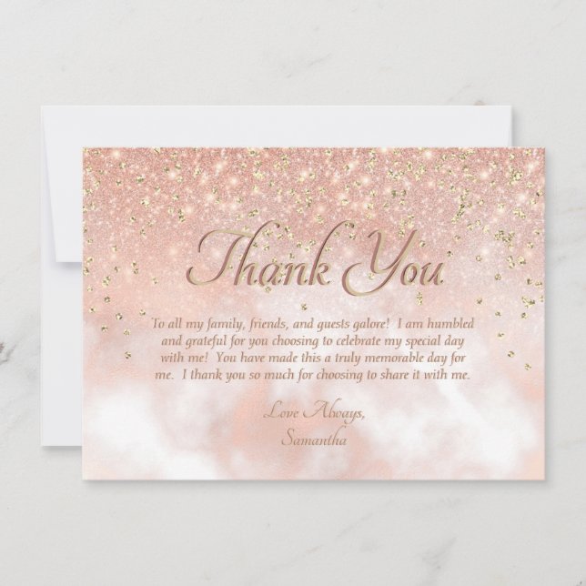 Elegant Blush Pink Gold Sparkle Script Typografie Dankeskarte (Vorderseite)
