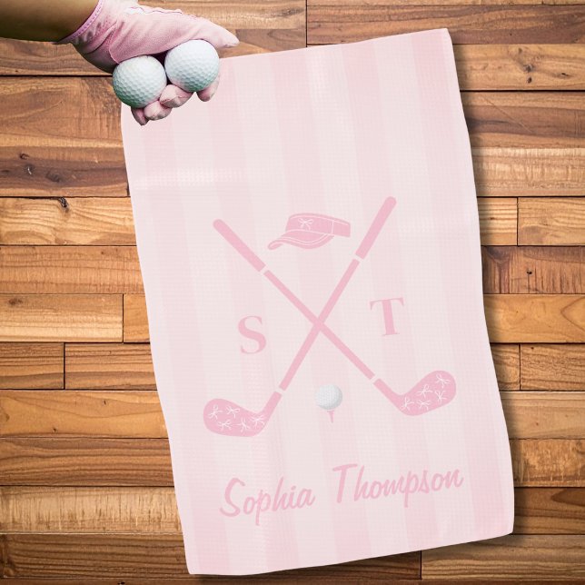 Elegant Blush Pink Golf Club Bows Stripes Custom Golfhandtuch (Von Creator hochgeladen)