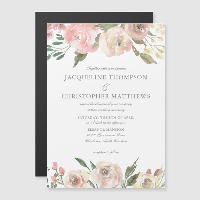 Elegant Blush Pink Ivory Blumengarten Hochzeit Magneteinladung (Vorne/Hinten)