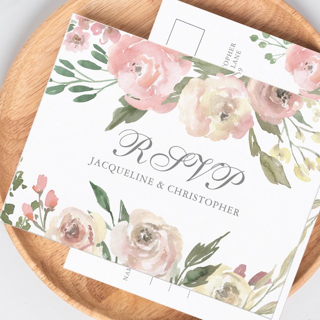 Elegant Blush Pink Ivory Peony Floral Wedding RSVP Postkarte (Von Creator hochgeladen)