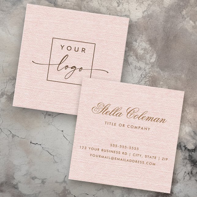 Elegant blush pink linen look custom logo quadratische visitenkarte (Elegant blush pink linen look custom logo square business card)