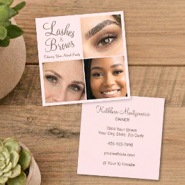 Elegant Blush Pink Mocha Script 3 Photo Lashes Quadratische Visitenkarte