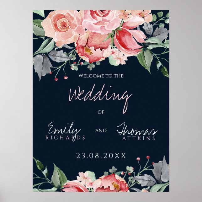 Elegant Blush Pink Navy Script Hochzeit Poster (Vorne)