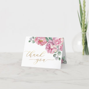 Elegant Blush Pink Peony and Gold Greenery Baby Sh Dankeskarte