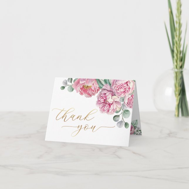 Elegant Blush Pink Peony and Gold Greenery Baby Sh Dankeskarte (Vorderseite)