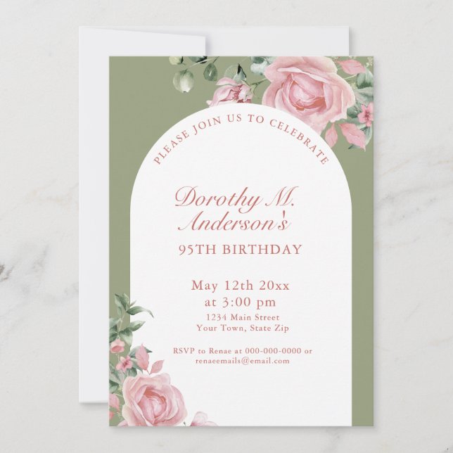Elegant Blush Pink Roses 95th Birthday Party  Einladung (Vorderseite)