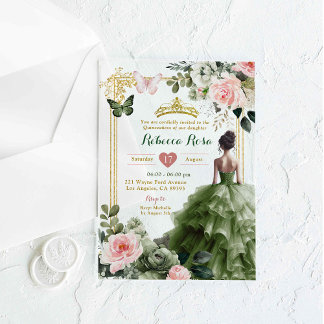 Elegant Blush Pink Sage Green Quinceañera Acryleinladungen
