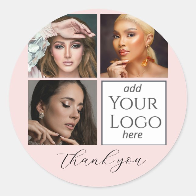 Elegant Blush Pink Script 3 Photo Logo Makeup  Runder Aufkleber (Vorderseite)