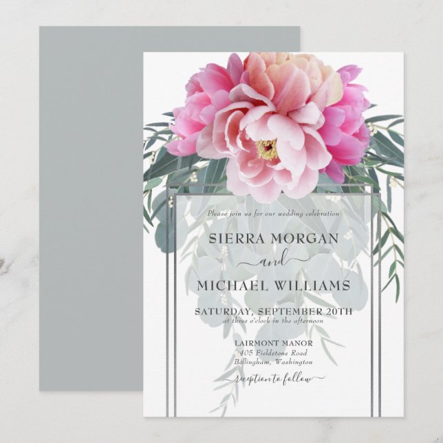 Elegant Blush Pink Silver Gray Bouquet Wedding Einladung (Vorne/Hinten)