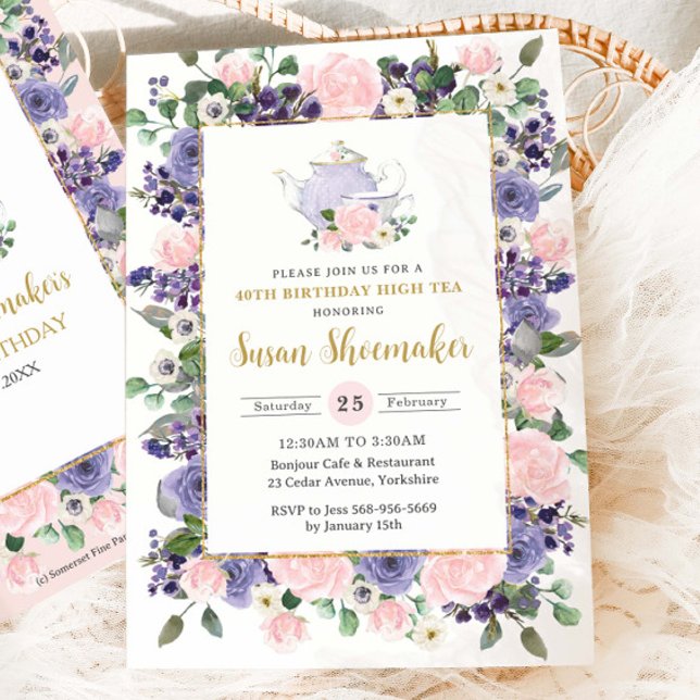 Elegant Blush & Purple Floral Tea Party Birthday Einladung (elegant purple and blush pink floral birthday high tea party invitation card)