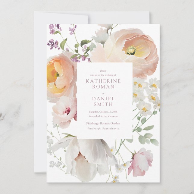 Elégant Blush rose Floral Invitations de mariage (Devant)