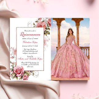 Elégant Blush rose Floral Quinceañera Invitation