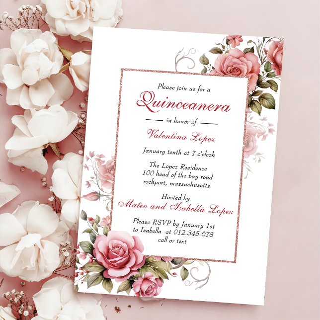 Elégant Blush rose Floral Quinceanera Invitation (Créateur téléchargé)