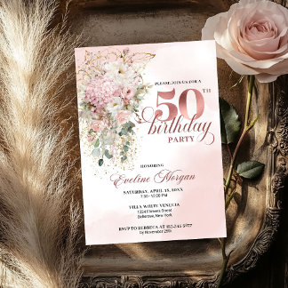 Elegant Blush Rose Gold Eucalyptus 50th Birthday Einladung