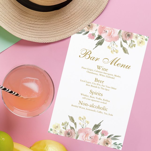 Elégant Blush Rose Gold Floral Mariage Bar Menu (Créateur téléchargé)