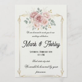 Elegant Blush Rose & Gold Frame Wedding Invitation Einladung