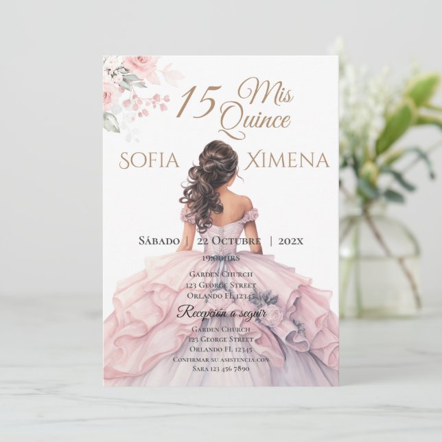 Elégant Blush Rose Quinceanera Invitation (Debout devant)