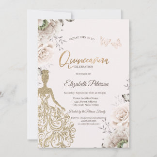 Elegant Blush Roses Glitter Girl Quinceañera Einladung