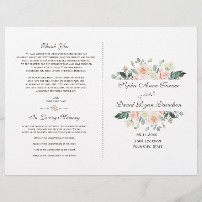 Élégant Blush White Cream Floral Wedding Programme (Devant)