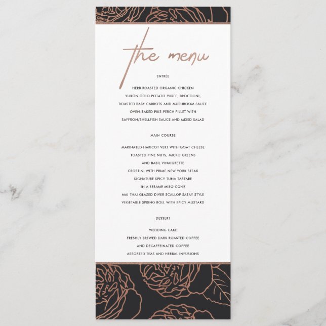 ELEGANT BLUSPINK ROSE GOLD BLACK FLORAL MENÜ MENÜKARTE (Vorderseite)
