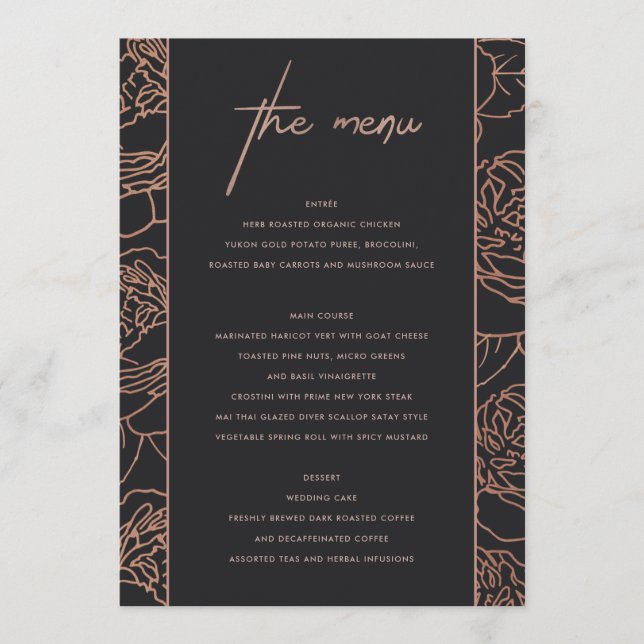 ELEGANT BLUSPINK ROSE GOLD BLACK FLORAL MENÜ MENÜKARTE (Vorderseite)