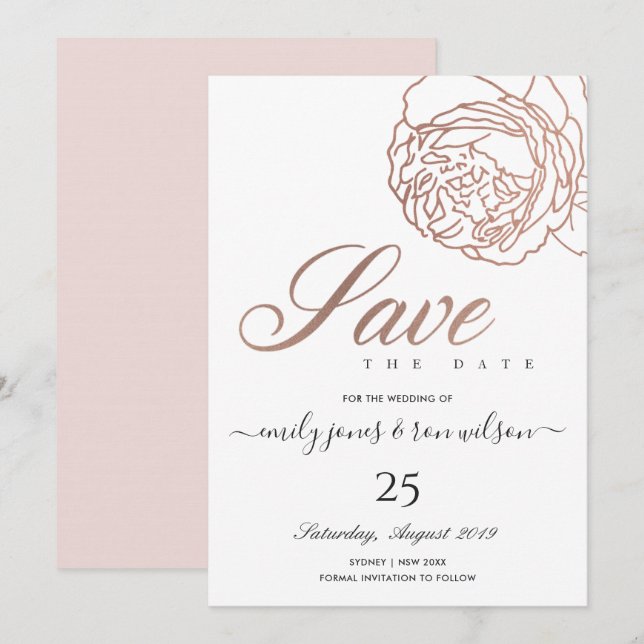 ELEGANT BLUSPINK ROSE GOLD FLORAL SAVE THE DATE EINLADUNG (Vorne/Hinten)