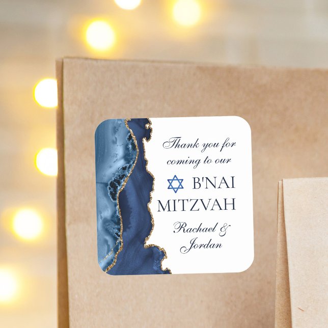 Elegant B'nai Mitzvah Navy Blue Gold Agate Party Quadratischer Aufkleber (Von Creator hochgeladen)