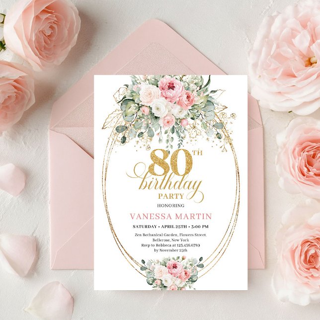 Elegant Bohemian Blush Roses 80th Birthday Invite Einladung (Elegant Bohemian Blush Roses 80th Birthday Invite)