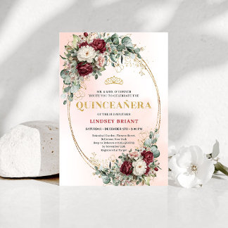 Elegant Bohemian Burgundy Floral Gold Quinceañera Einladung
