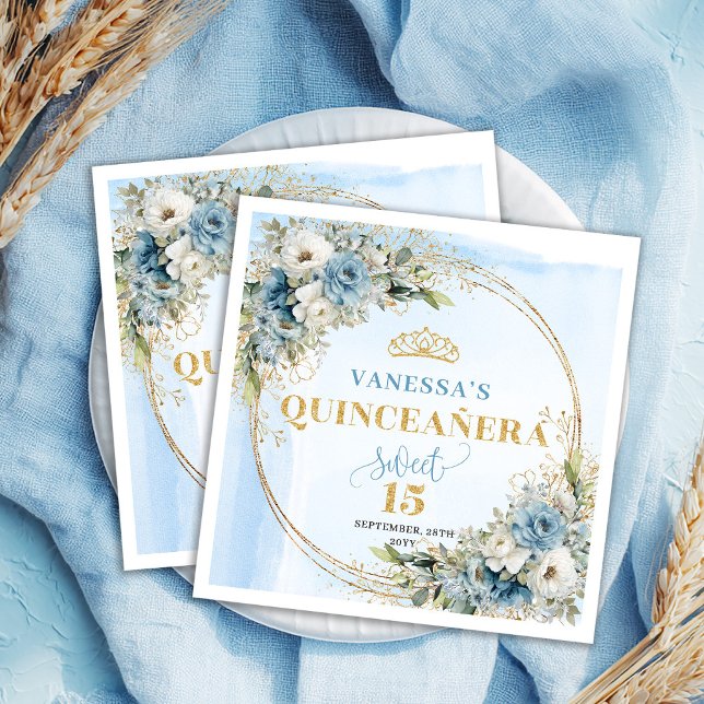 Elegant Bohemian Dusty Blue Floral Gold Glitter  Serviette (Boho Dusty Blue Floral Eucalyptus Gold Glitter Quinceañera)