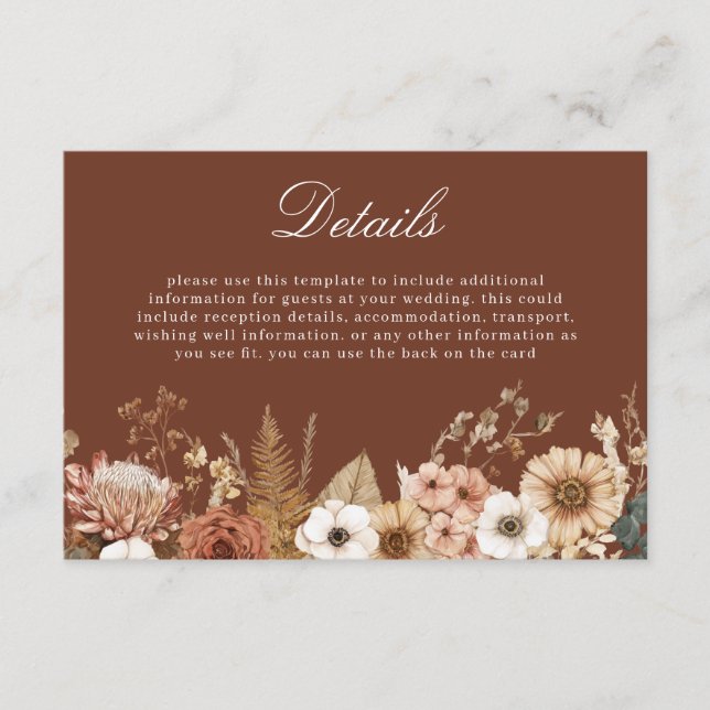Elegant Bohemian Floral Wedding Details Begleitkarte (Vorderseite)
