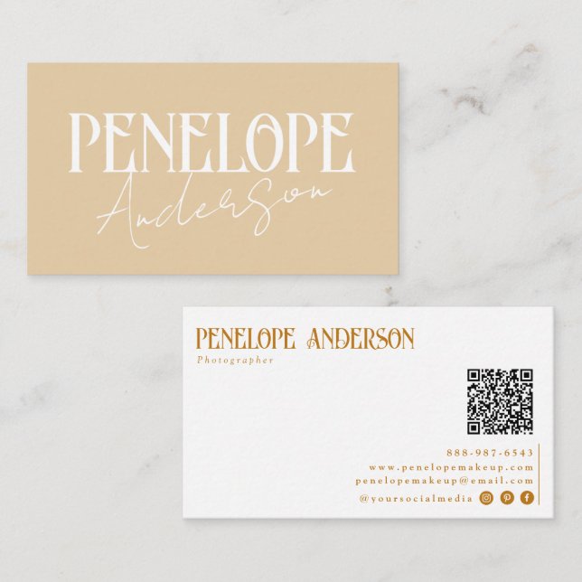 Elegant Boho Beige Neutral QR Code Minimal Modern Visitenkarte (Vorne/Hinten)