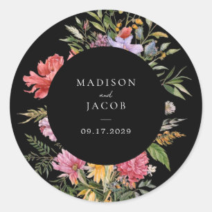 Elegant Boho Black Dutch Floral Wedding Runder Aufkleber