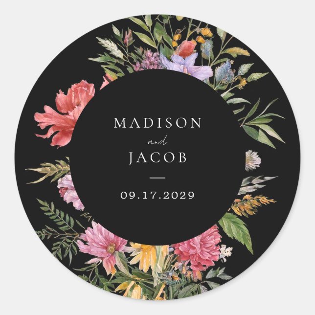 Elegant Boho Black Dutch Floral Wedding Runder Aufkleber (Vorderseite)
