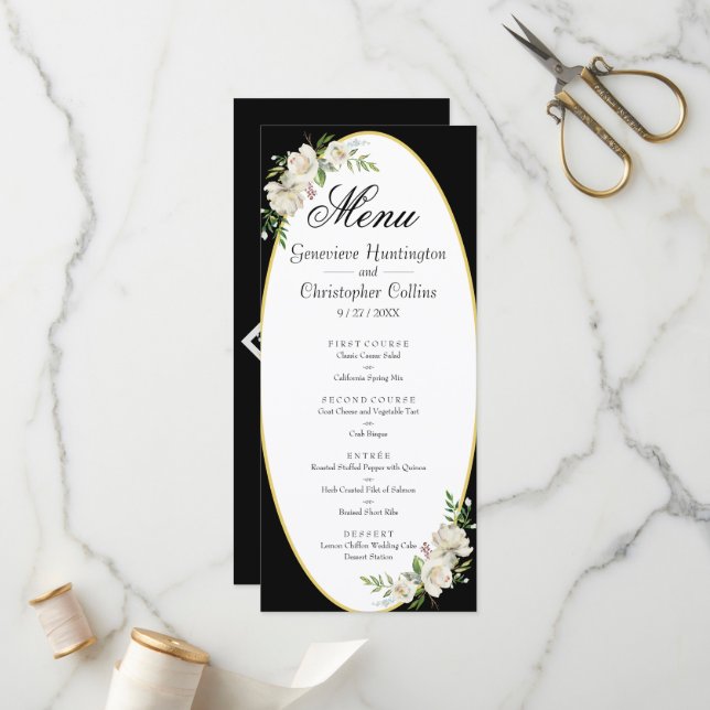 Elégant Boho Black Floral Menu Mariage (Devant/Arrière en situation)