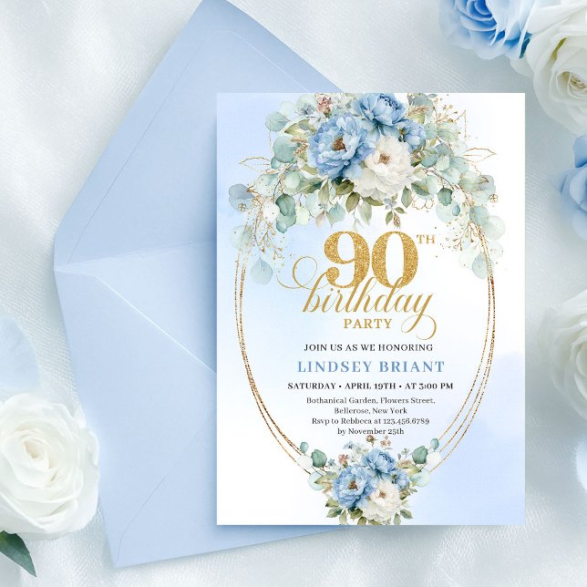 Elegant Boho Blue Floral 90th Birthday Invitation Einladung (Elegant Boho Blue Floral 90th Birthday Invitation)