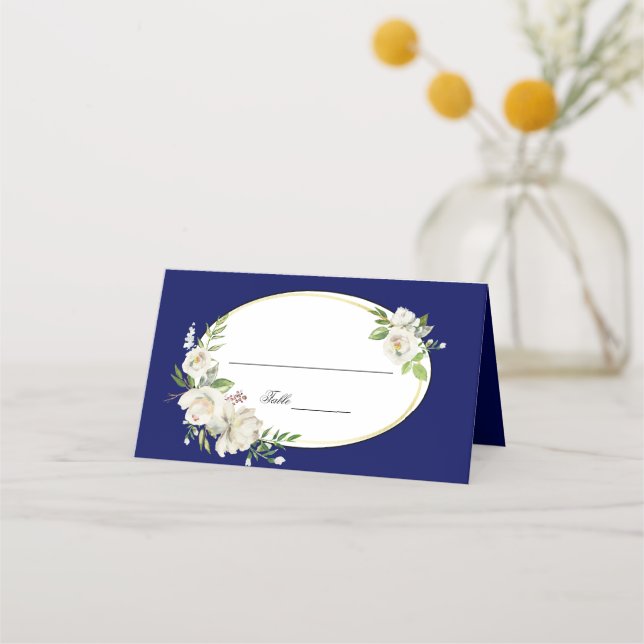 Elegant Boho Blue Floral Gold Wedding Monogram Platzkarte (Vorderseite)