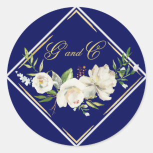 Elegant Boho Blue Floral Gold Wedding Monogram Runder Aufkleber