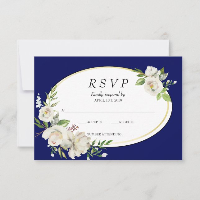 Elégant Boho Blue Floral Gold Wedding RSVP (Devant)