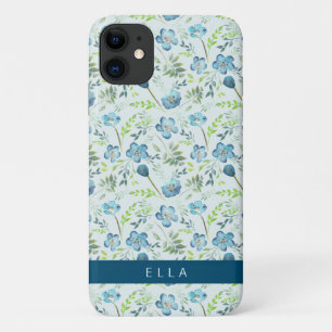 Elegant Boho Blue Green Watercolor Blume Name Case-Mate iPhone Hülle