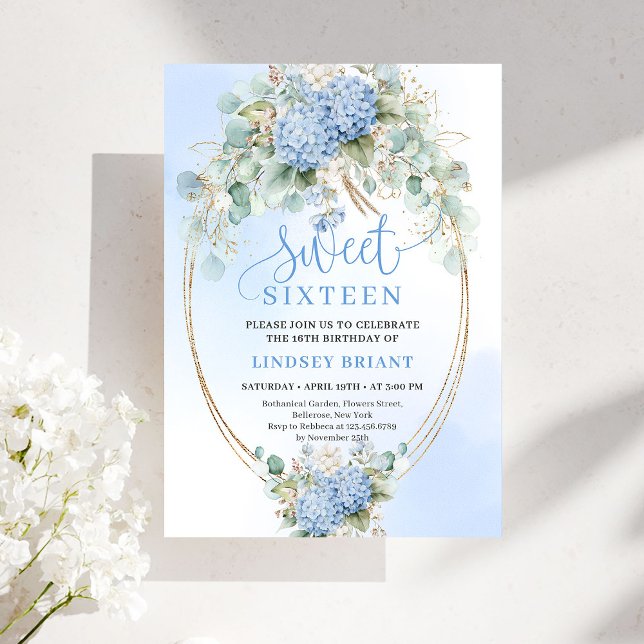 Elegant Boho Blue Hydrangeas Sweet Sixteen Invite Einladung (Elegant Boho Blue Hydrangeas Sweet Sixteen Invite)