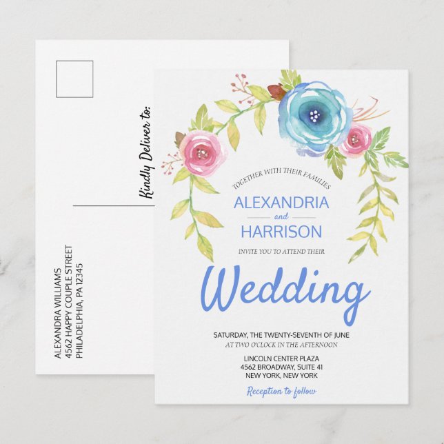 Elegant Boho Blue Rose Blumenstrauch Einladungspostkarte (Vorne/Hinten)