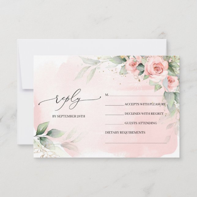 Elegant Boho Blush Bloral und Eukalyptusgrün RSVP Karte (Vorderseite)