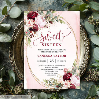 Elegant Boho Blush Burgundy Floral Sweet Sixteen  Einladung