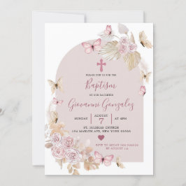 Élégant Boho Blush Butterfly Baptism Invitation