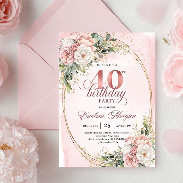 Elegant Boho Blush Floral 40th Birthday Invitation Einladung (Elegant Boho Blush Floral 40th Birthday Invitation)