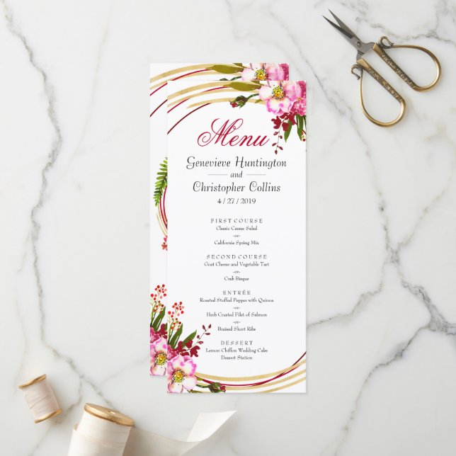 Elégant Boho Blush Floral Wedding Réception Menu (Devant/Arrière en situation)