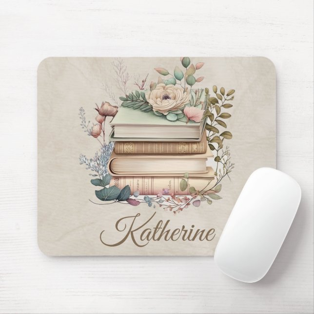 Elegant Boho Book Stack Floral  Name Mousepad (Mit Mouse)