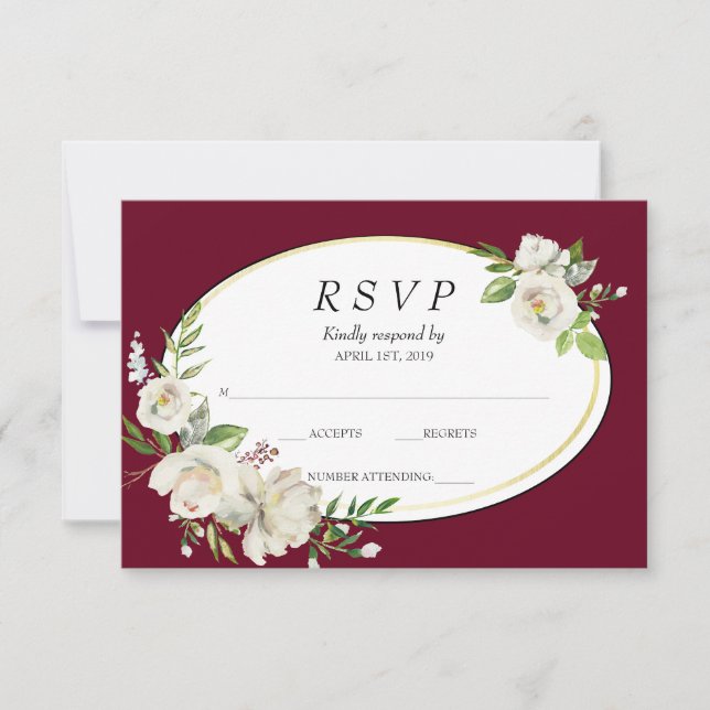 Elégant Boho Bourgogne Floral Gold Wedding RSVP (Devant)